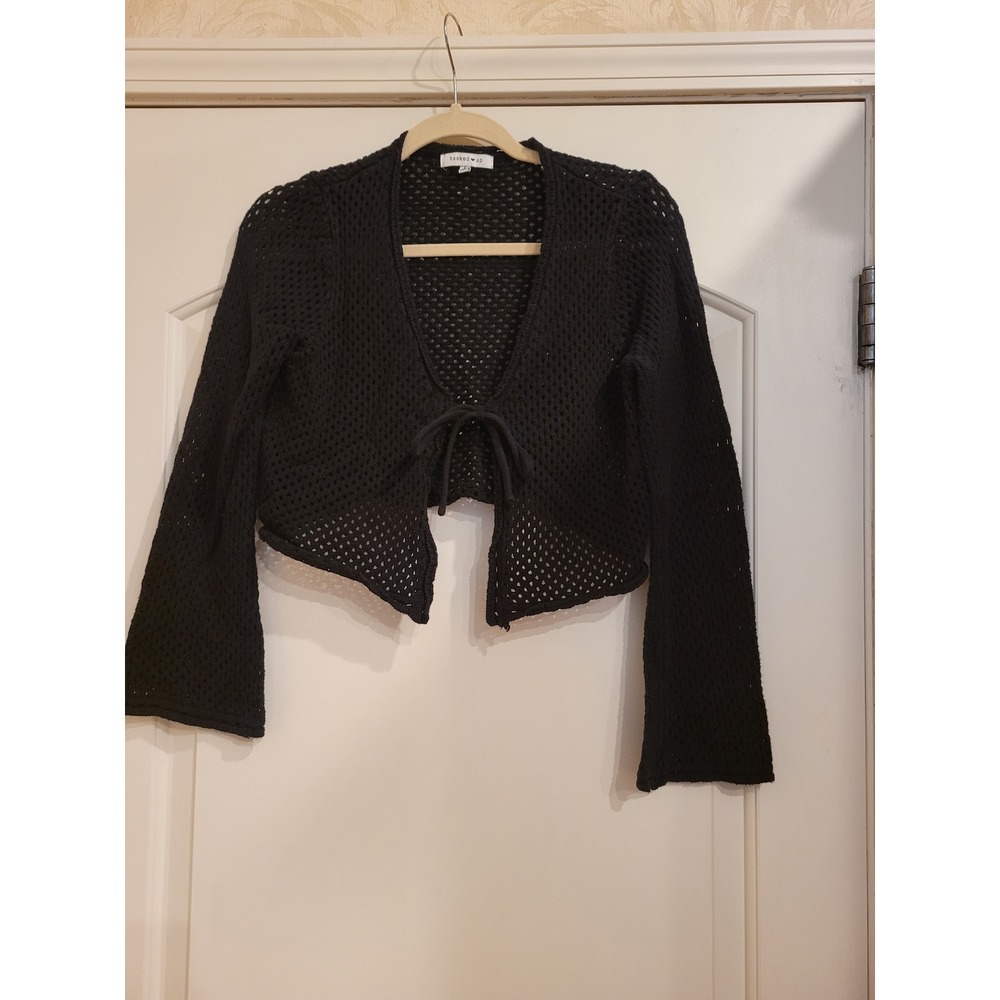 Hooked Up Black Crochet Cropped Cardigan Tie Front Bell Sleeve Small